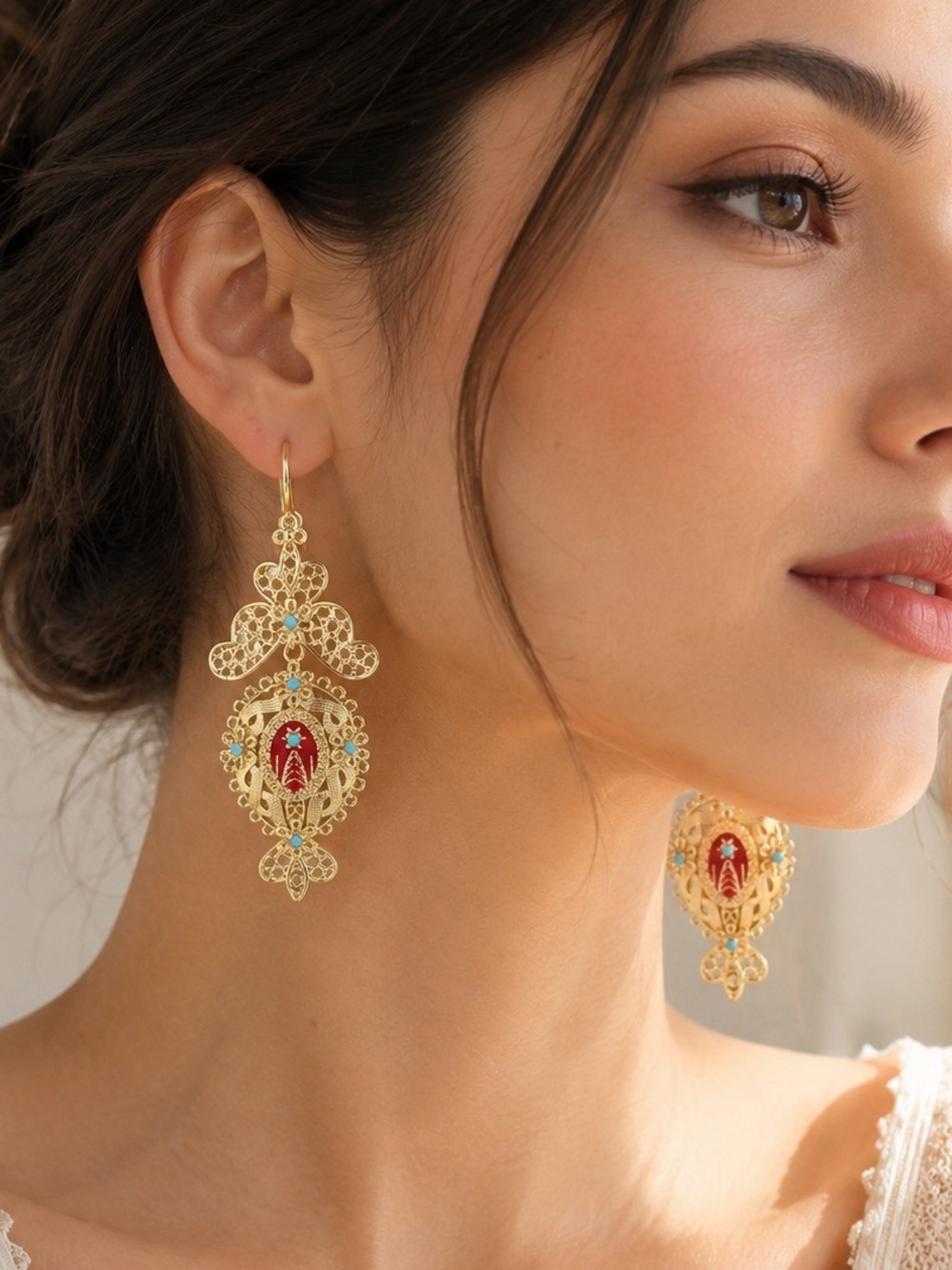 Vintage Filigree Gold-Tone Dangle Earrings with Red Enamel & Turquoise Accents